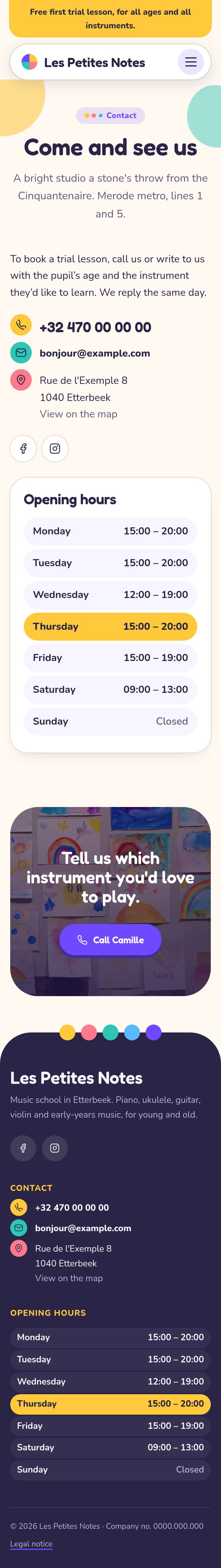 The “Contact” page of the Chalk design on a phone, part 1 of 2