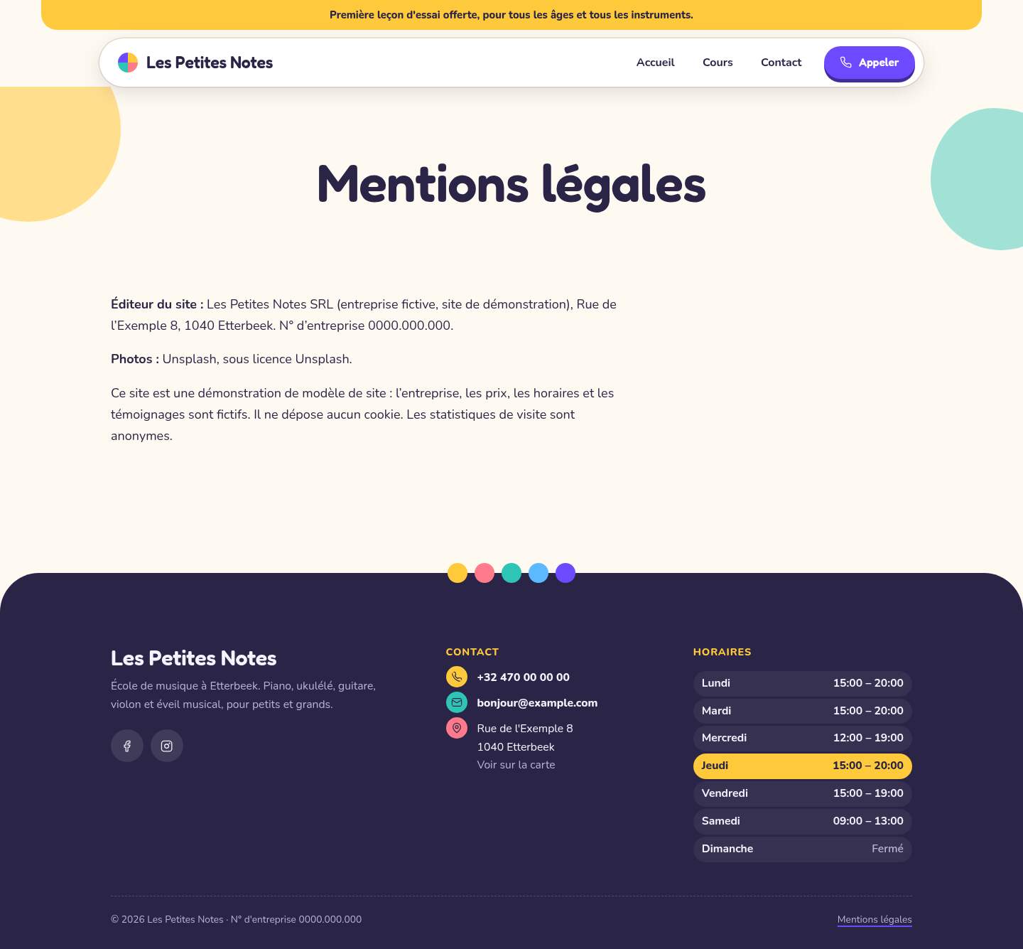La page « Mentions légales » du modèle Chalk sur un ordinateur