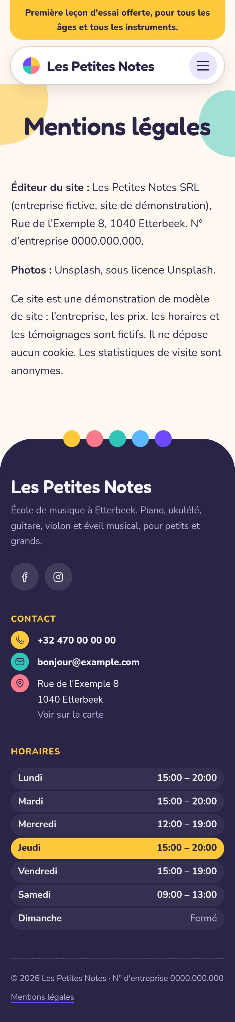 La page « Mentions légales » du modèle Chalk sur un téléphone, partie 1 sur 1