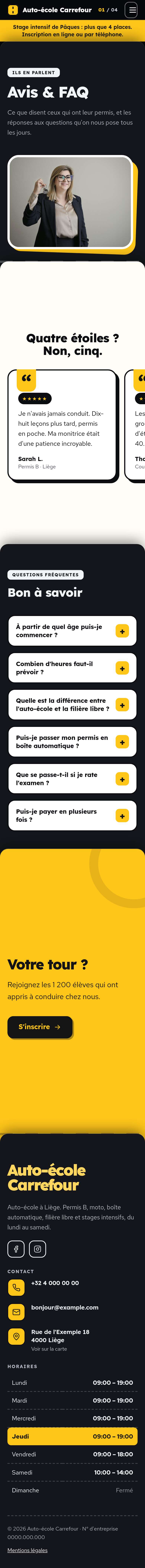 La page « Avis & FAQ » du modèle Deck sur un téléphone, partie 1 sur 2