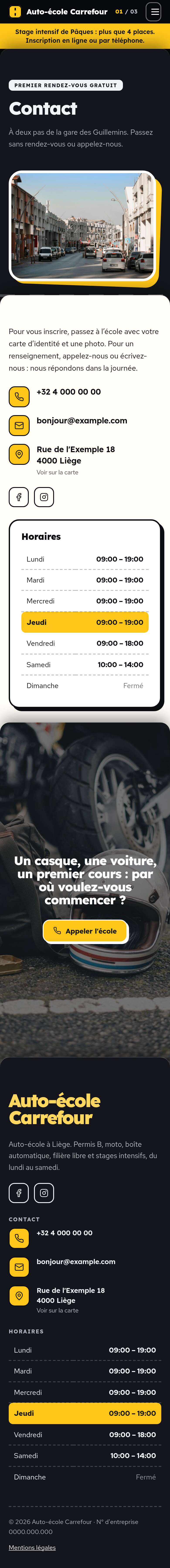 La page « Contact » du modèle Deck sur un téléphone, partie 1 sur 2
