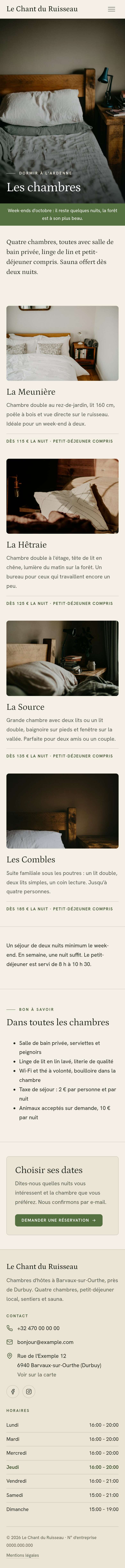 La page « Chambres » du modèle Diptych sur un téléphone, partie 1 sur 2