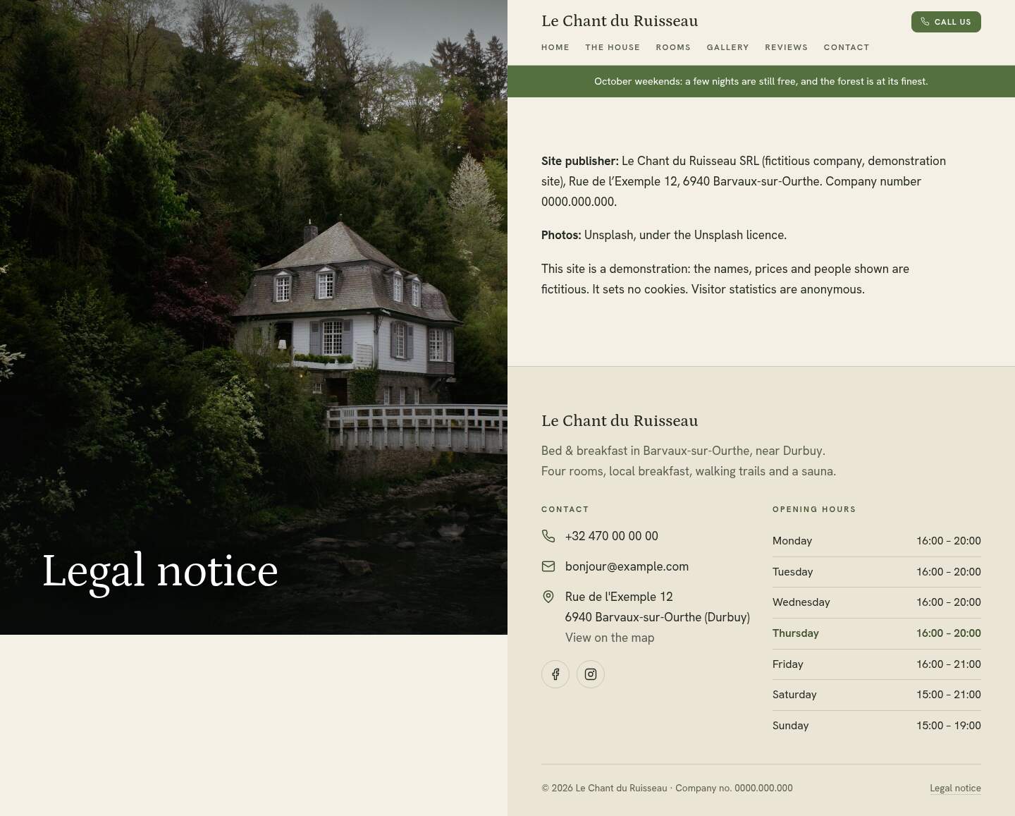 The “Legal notice” page of the Diptych design on a computer