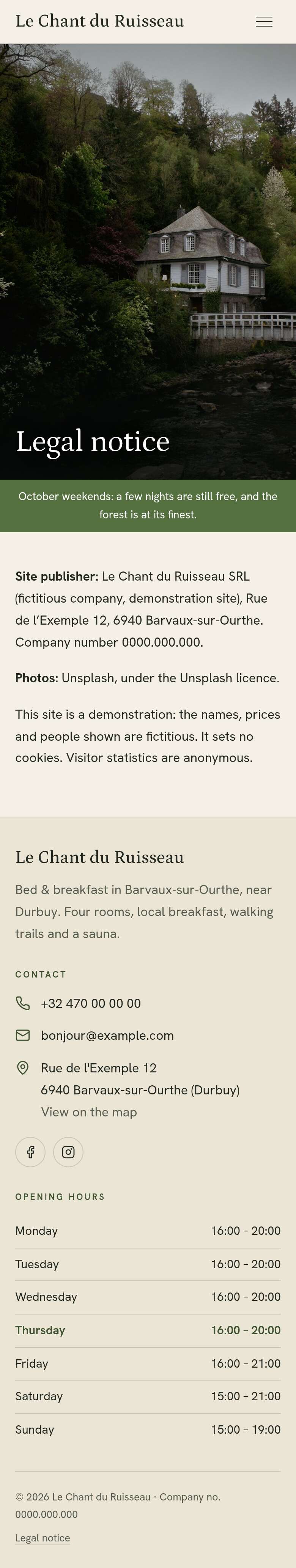 The “Legal notice” page of the Diptych design on a phone, part 1 of 1