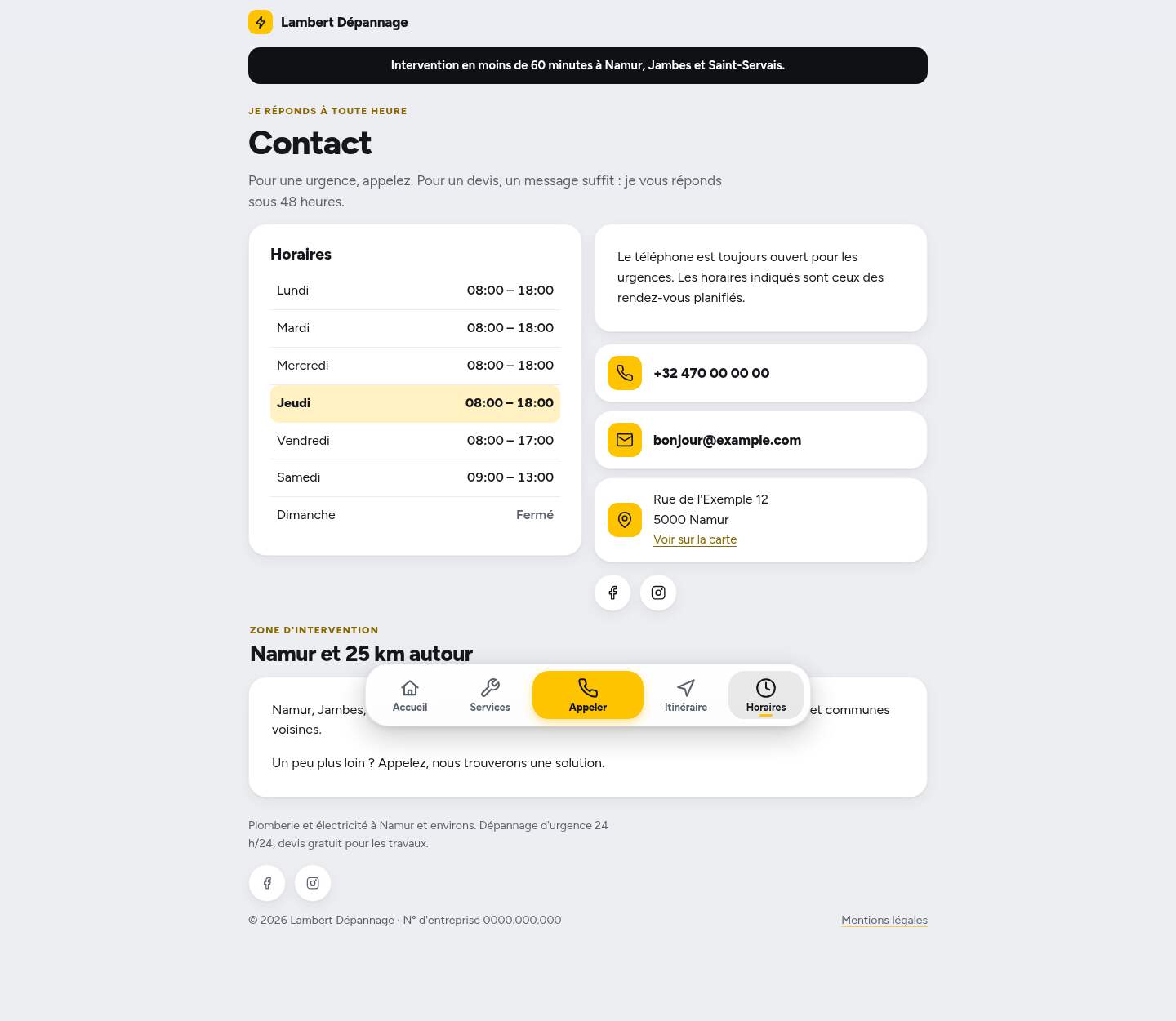 La page « Contact » du modèle Dock sur un ordinateur