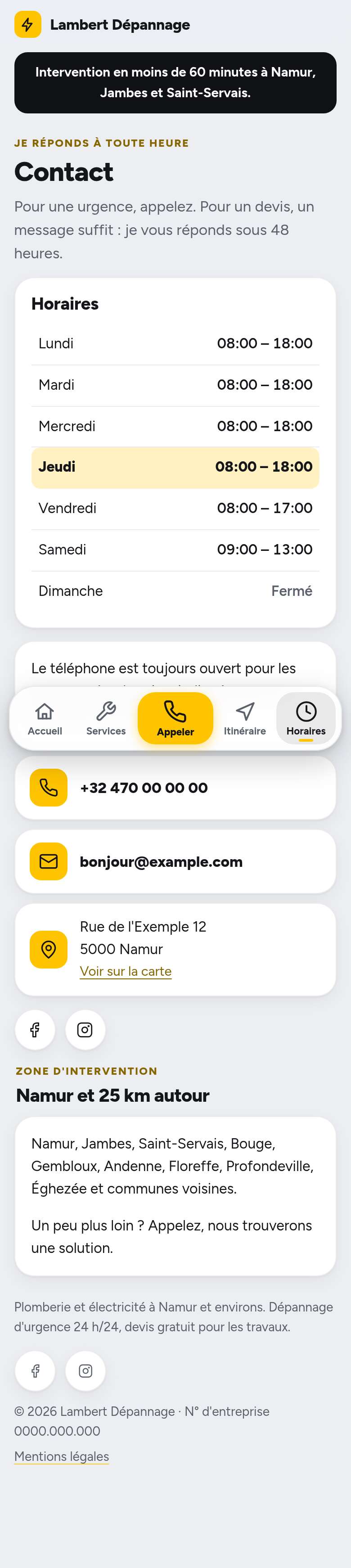 La page « Contact » du modèle Dock sur un téléphone, partie 1 sur 1