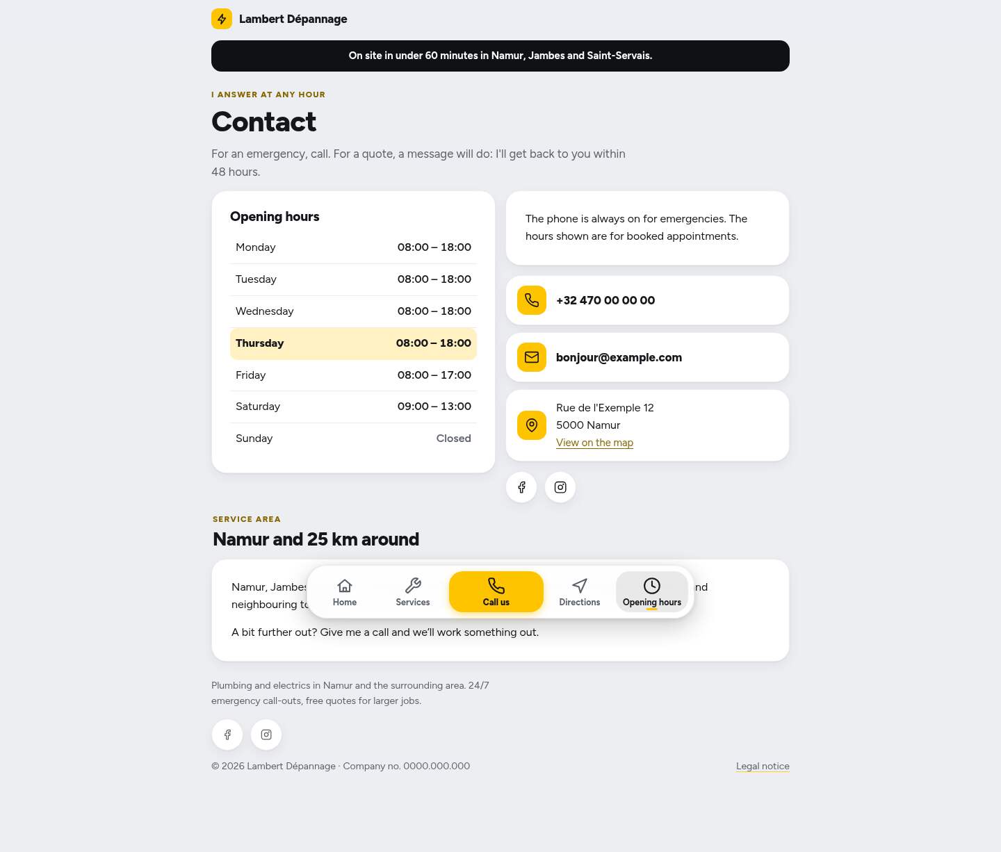The “Contact” page of the Dock design on a computer