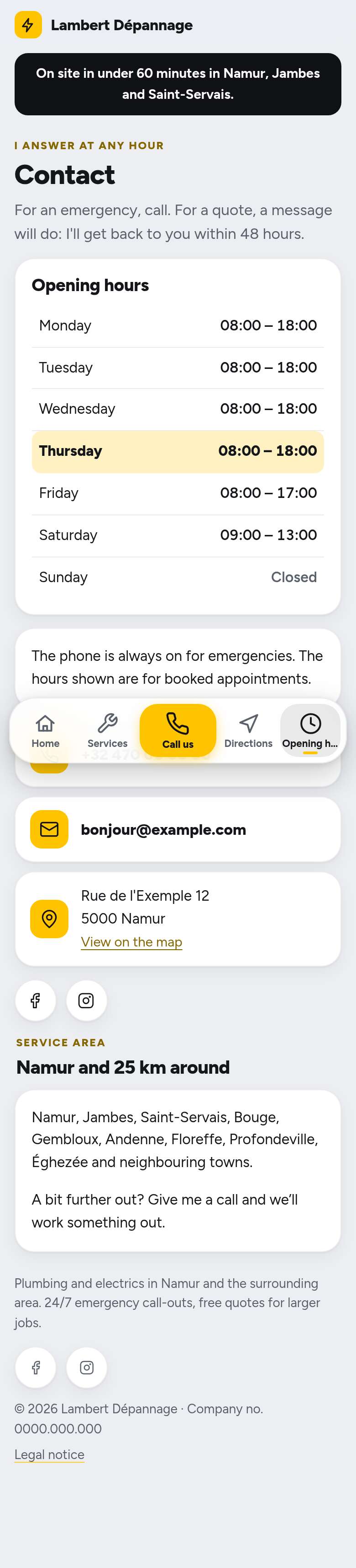 The “Contact” page of the Dock design on a phone, part 1 of 1