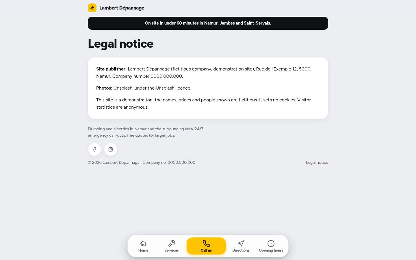 The “Legal notice” page of the Dock design on a computer