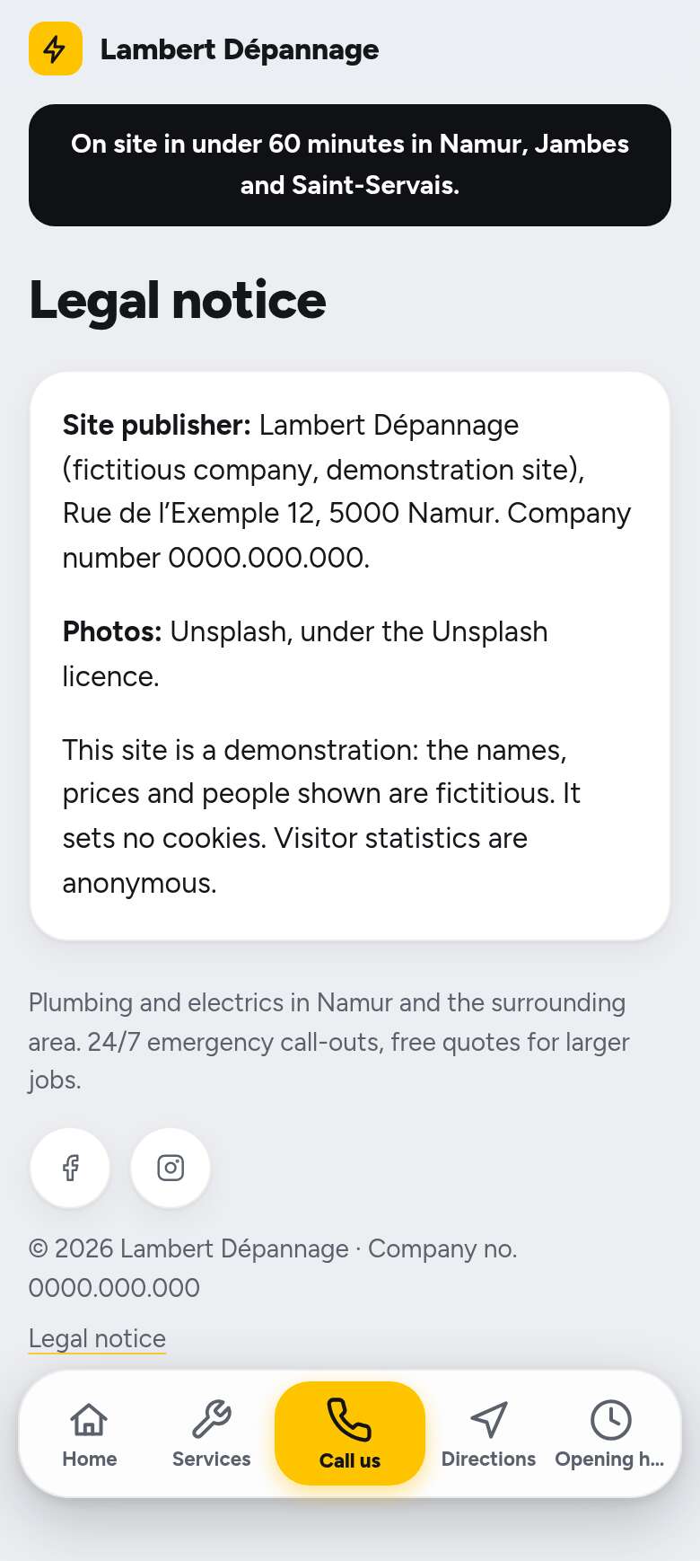 The “Legal notice” page of the Dock design on a phone, part 1 of 1