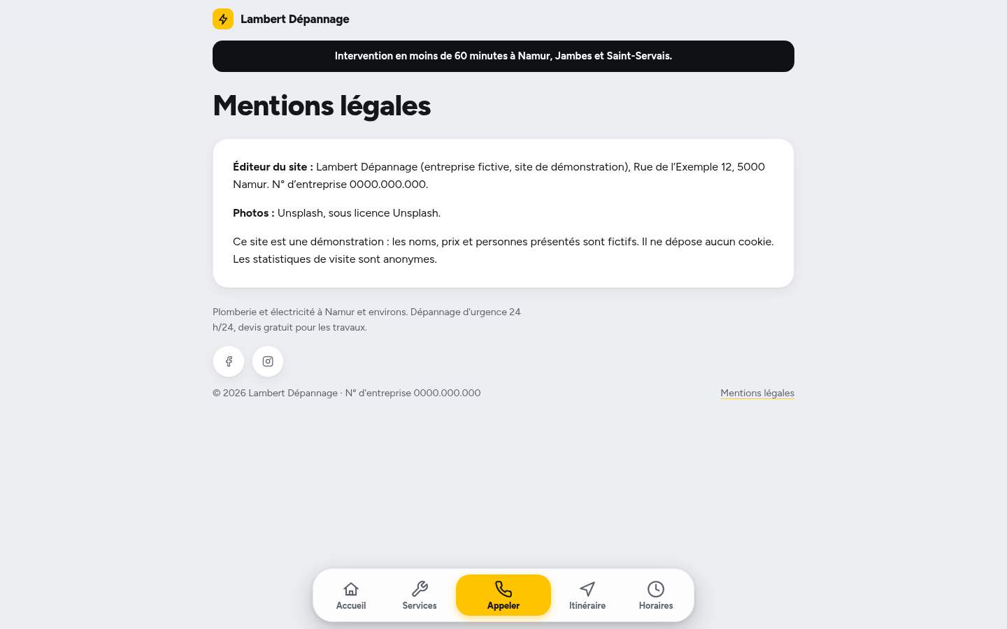 La page « Mentions légales » du modèle Dock sur un ordinateur