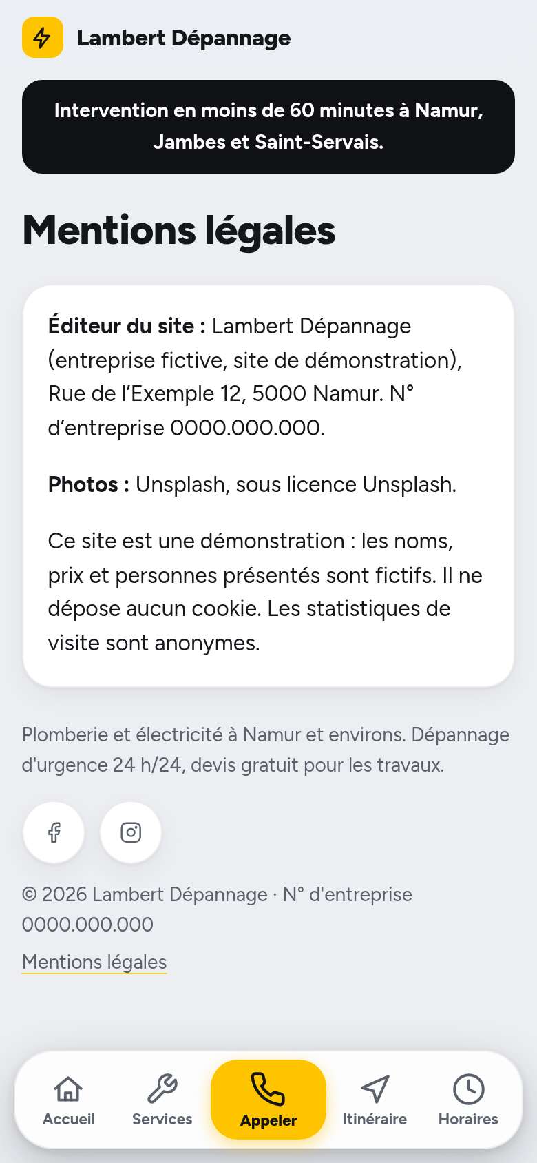 La page « Mentions légales » du modèle Dock sur un téléphone, partie 1 sur 1