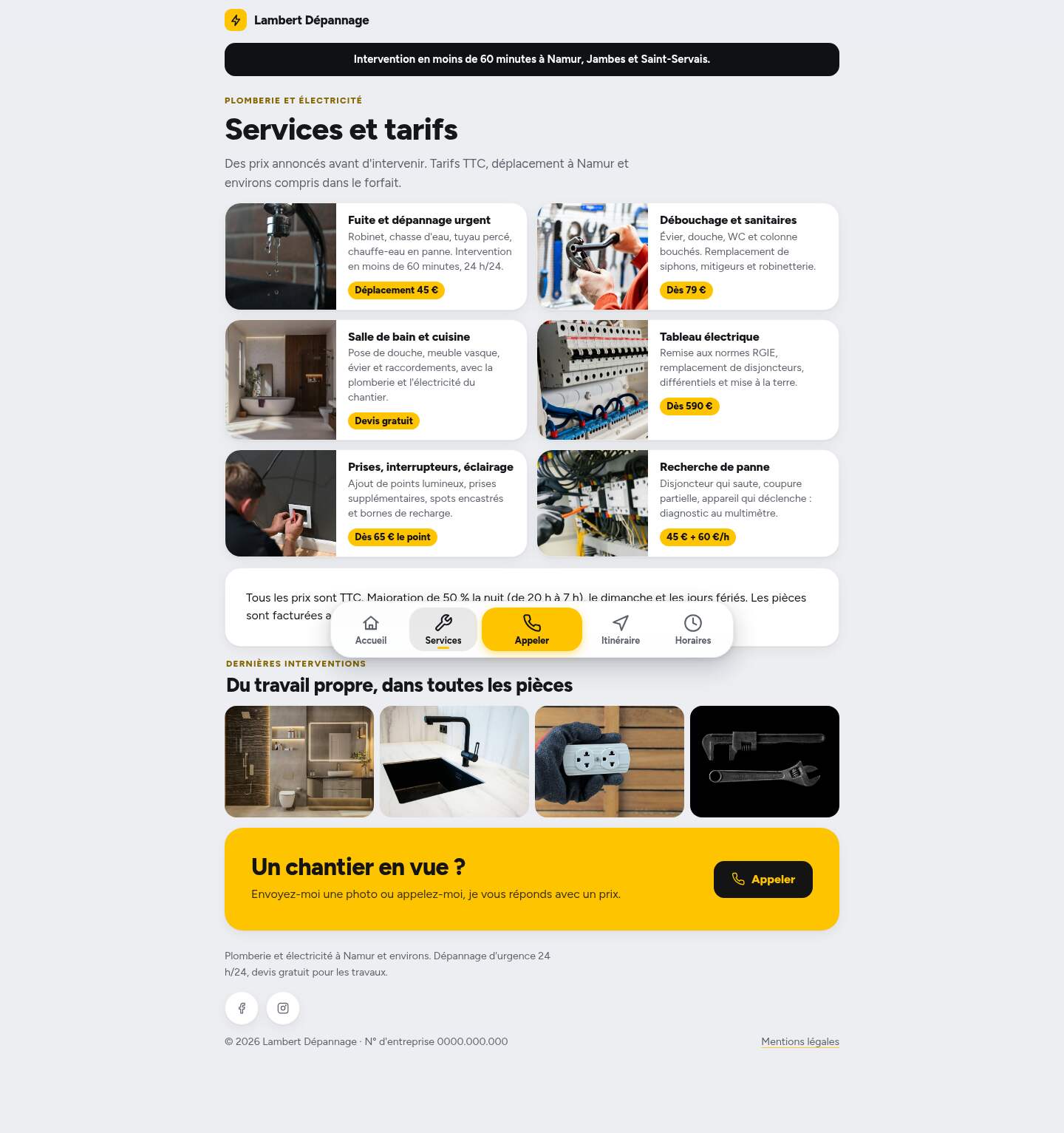 La page « Services » du modèle Dock sur un ordinateur