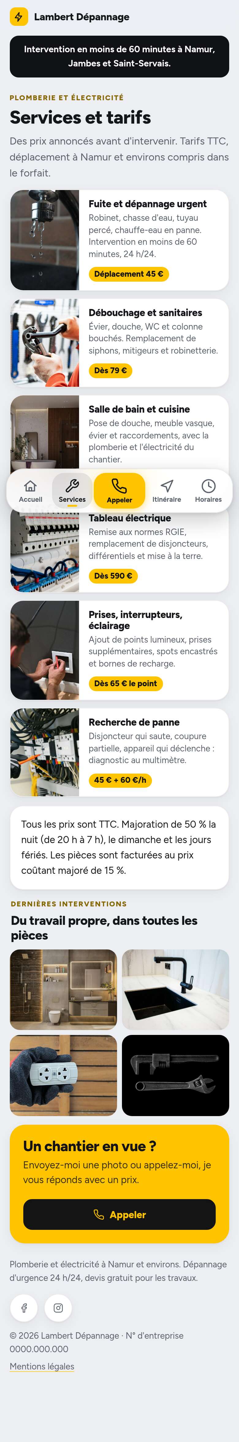 La page « Services » du modèle Dock sur un téléphone, partie 1 sur 1