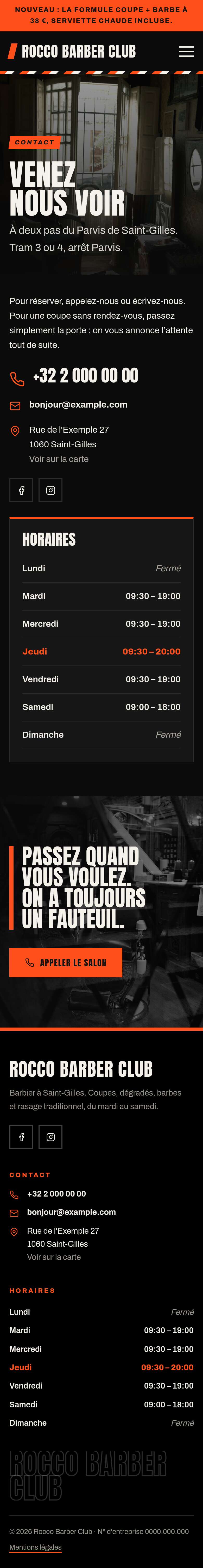 La page « Contact » du modèle Edge sur un téléphone, partie 1 sur 2
