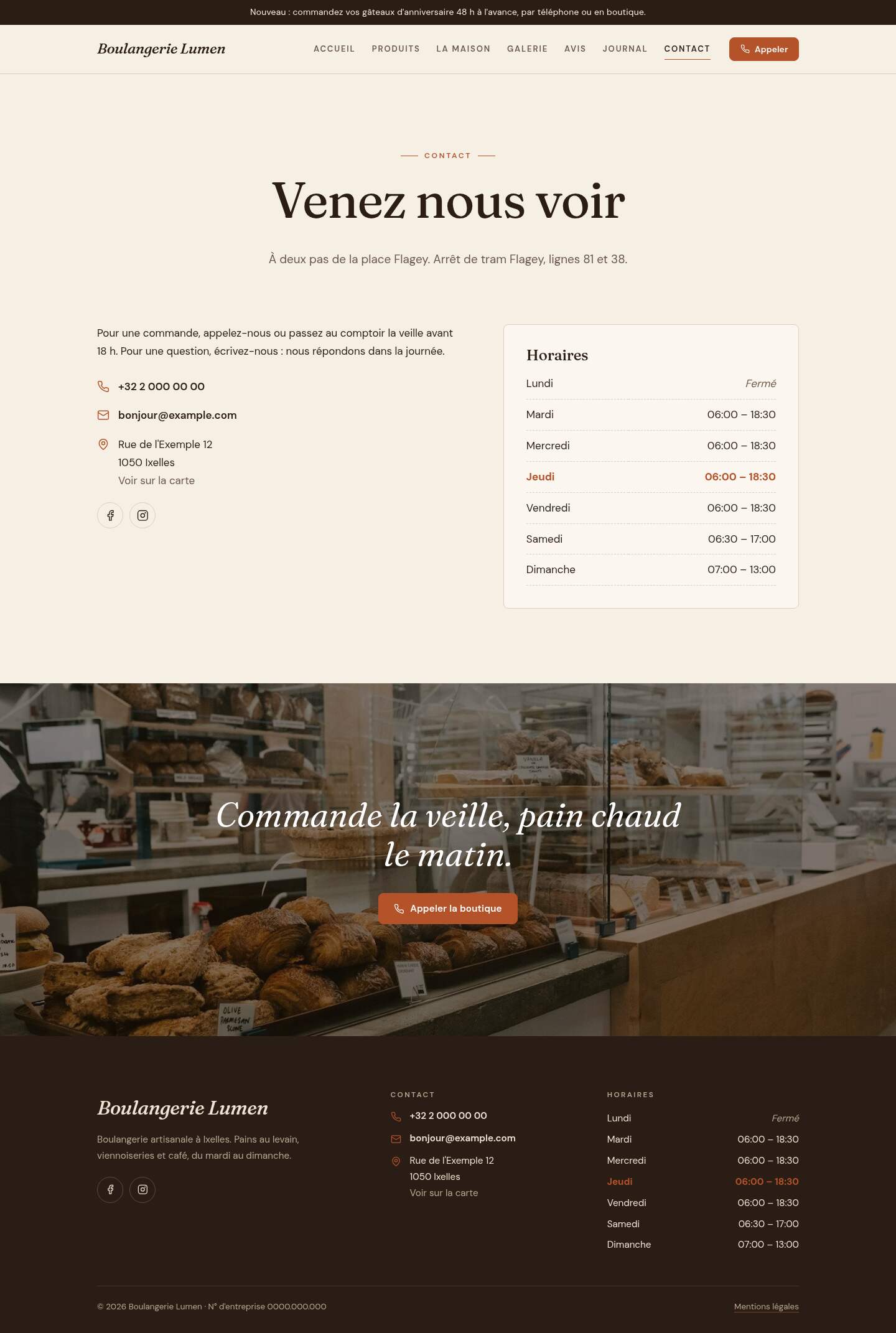 La page « Contact » du modèle Hearth sur un ordinateur