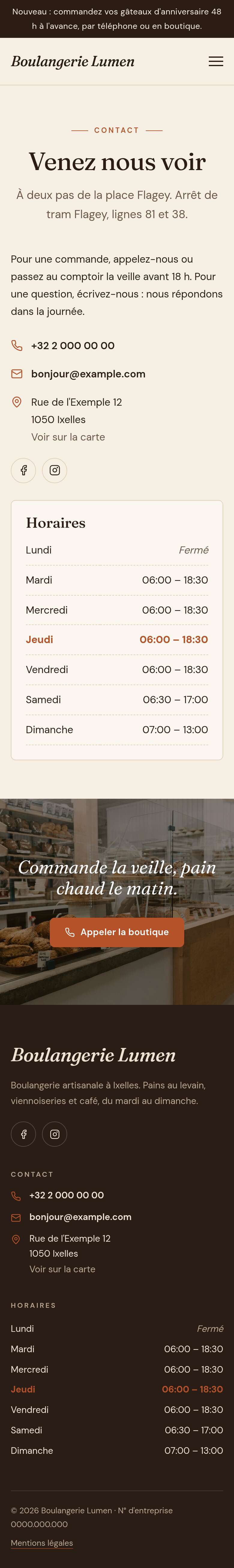 La page « Contact » du modèle Hearth sur un téléphone, partie 1 sur 2