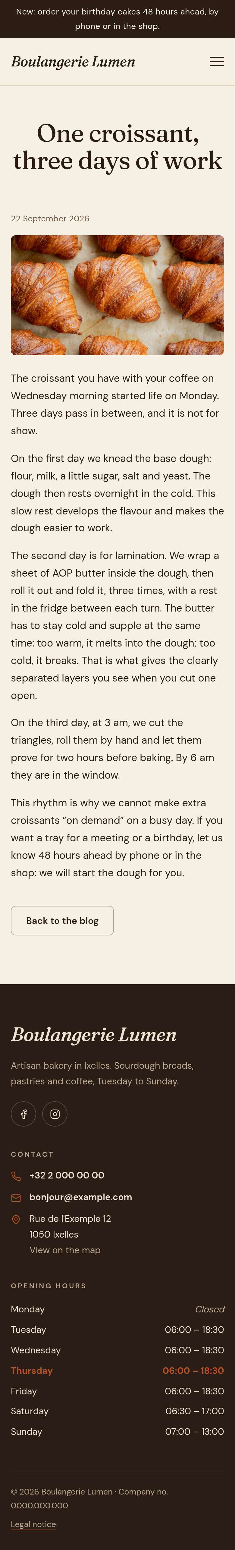 The “One croissant, three days of work” page of the Hearth design on a phone, part 1 of 2