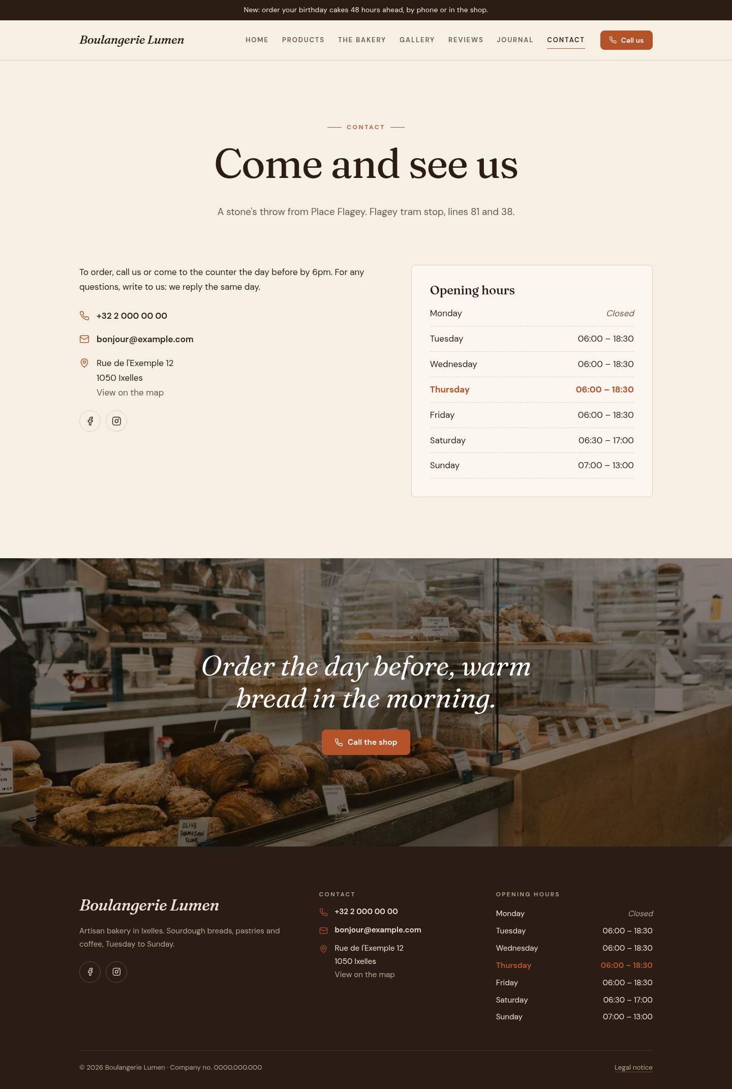 The “Contact” page of the Hearth design on a computer