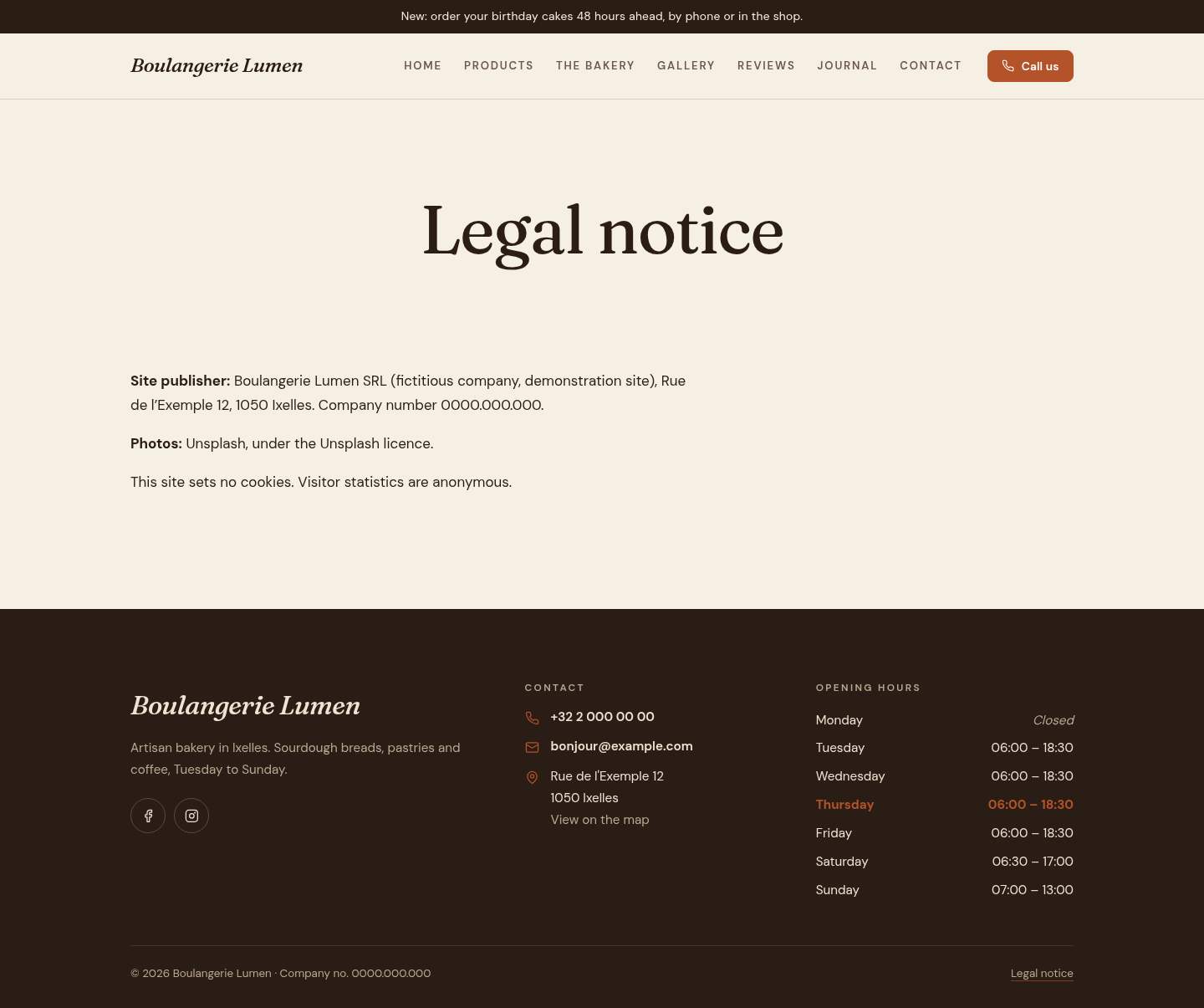 The “Legal notice” page of the Hearth design on a computer