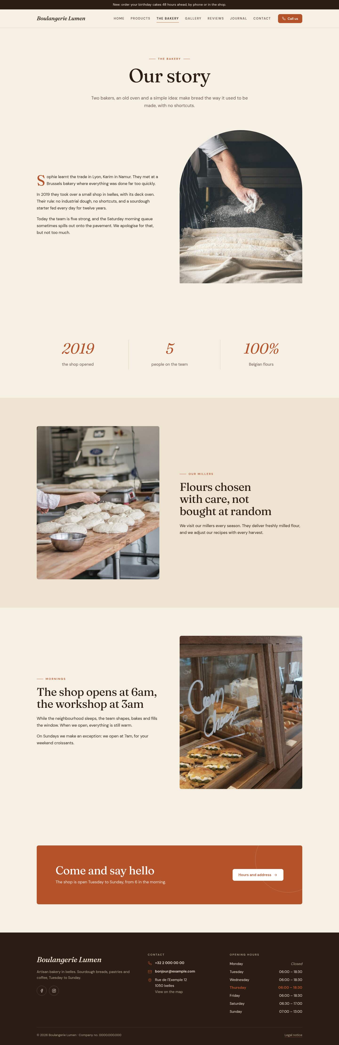 The “The bakery” page of the Hearth design on a computer