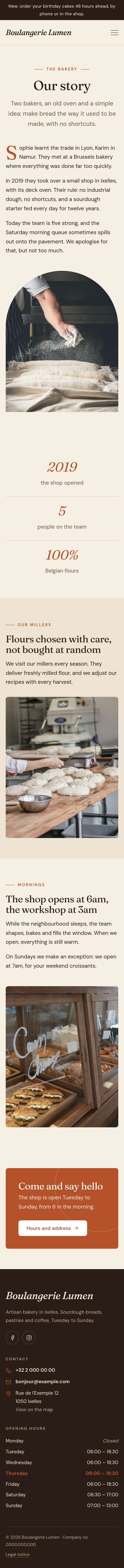 The “The bakery” page of the Hearth design on a phone, part 1 of 2