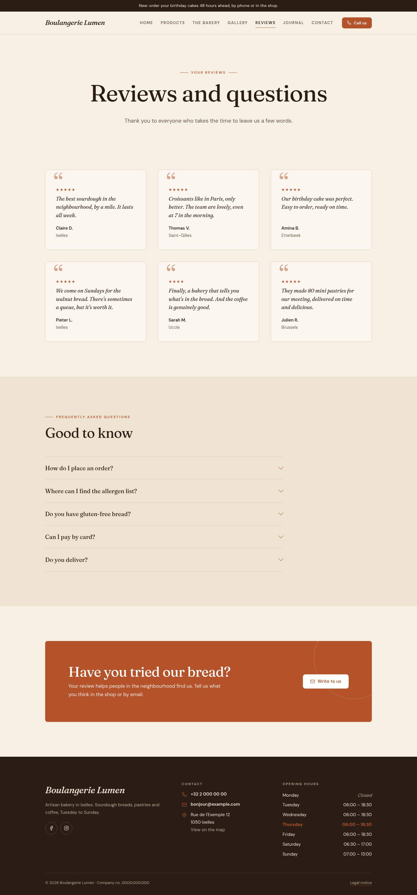 The “Reviews” page of the Hearth design on a computer