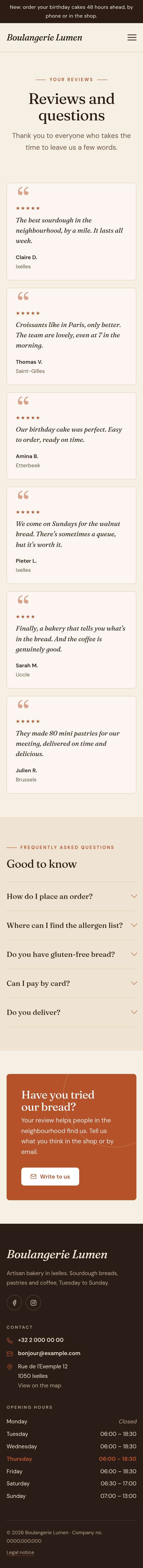 The “Reviews” page of the Hearth design on a phone, part 1 of 2