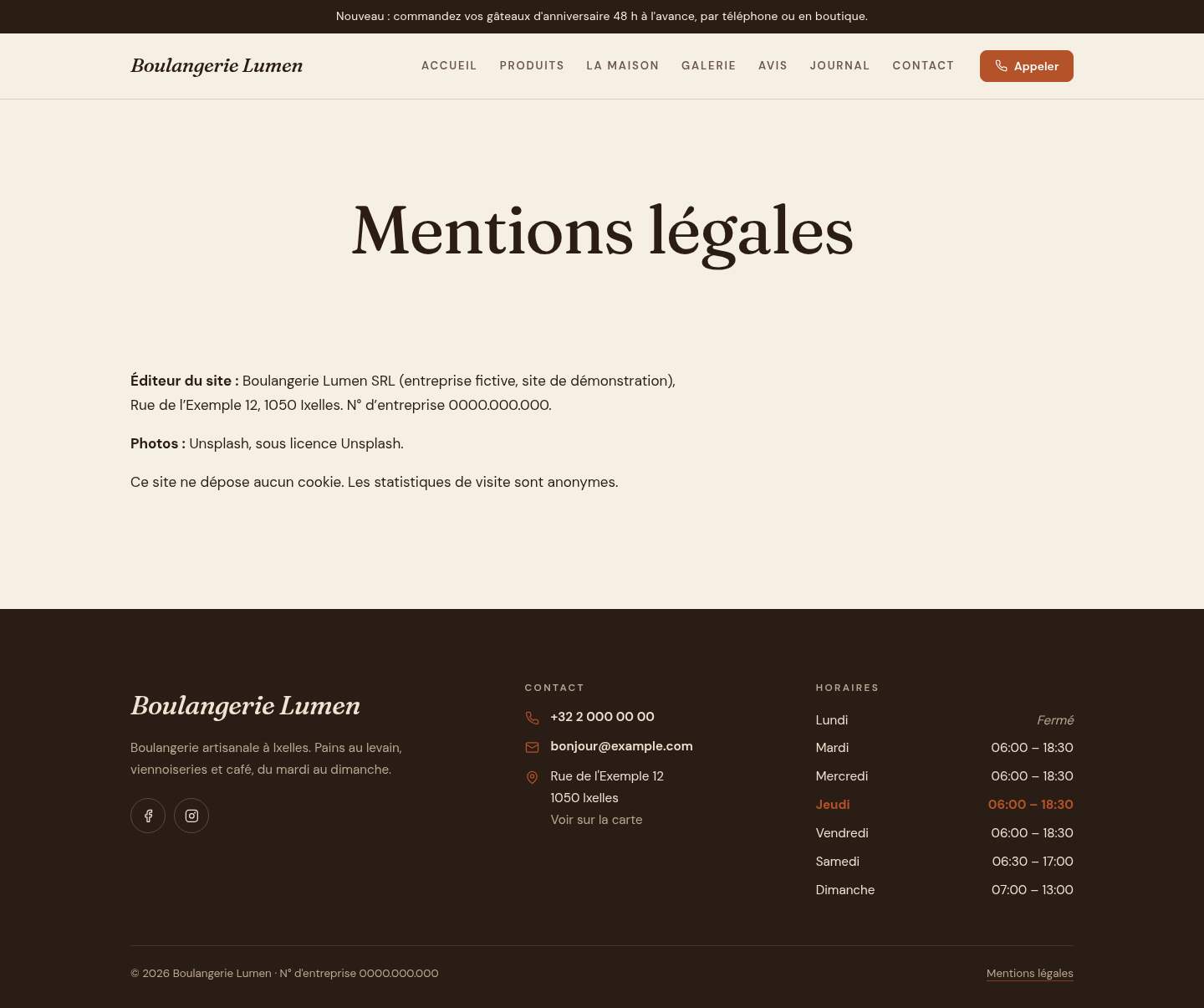 La page « Mentions légales » du modèle Hearth sur un ordinateur