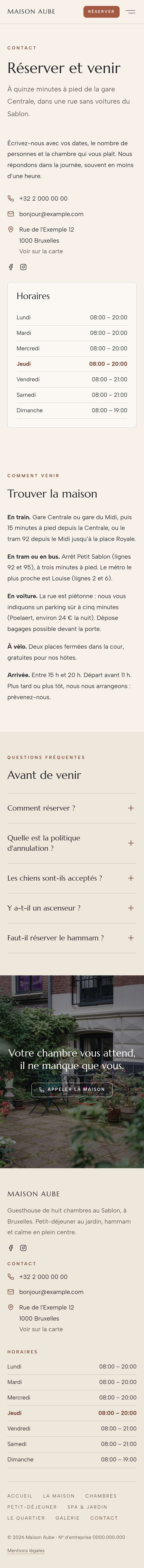 La page « Contact » du modèle Horizon sur un téléphone, partie 1 sur 2