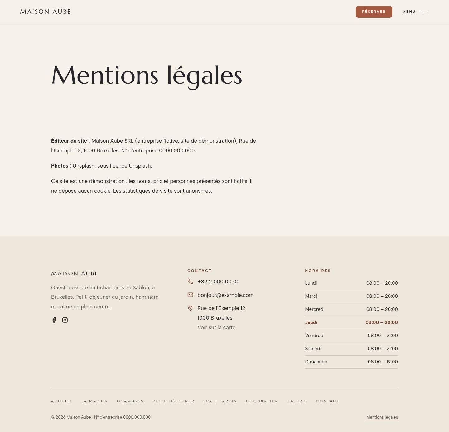 La page « Mentions légales » du modèle Horizon sur un ordinateur