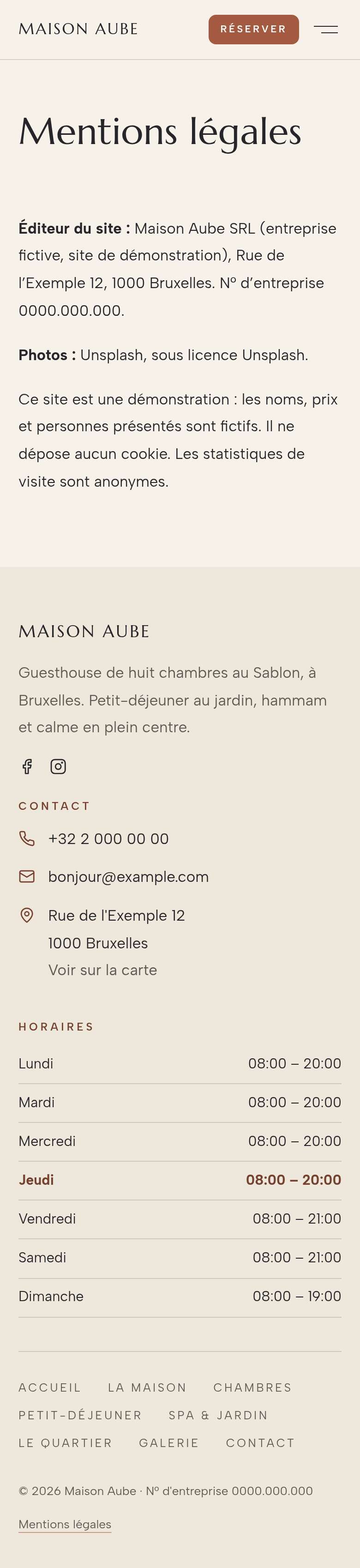 La page « Mentions légales » du modèle Horizon sur un téléphone, partie 1 sur 1