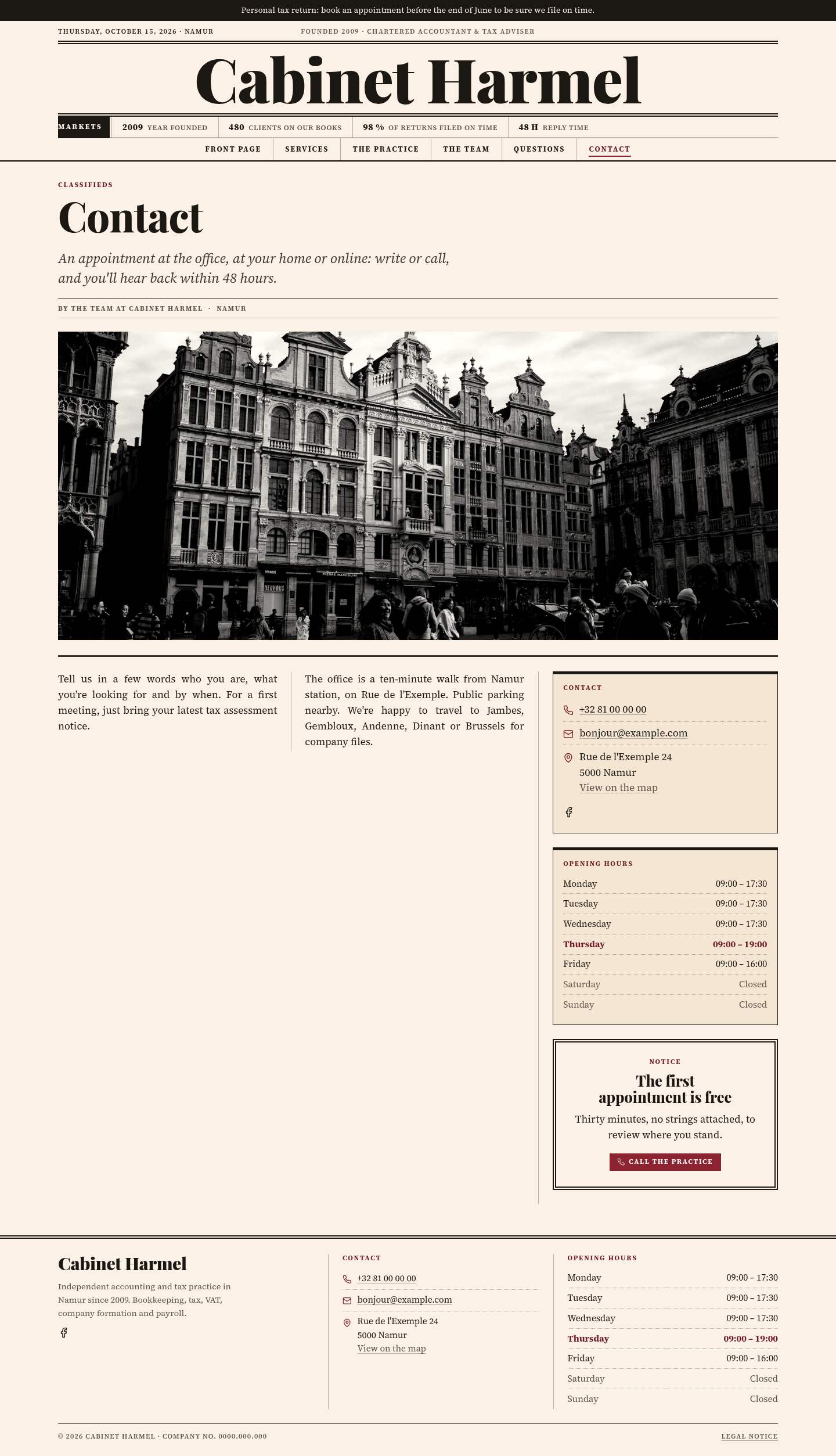 The “Contact” page of the Ledger design on a computer