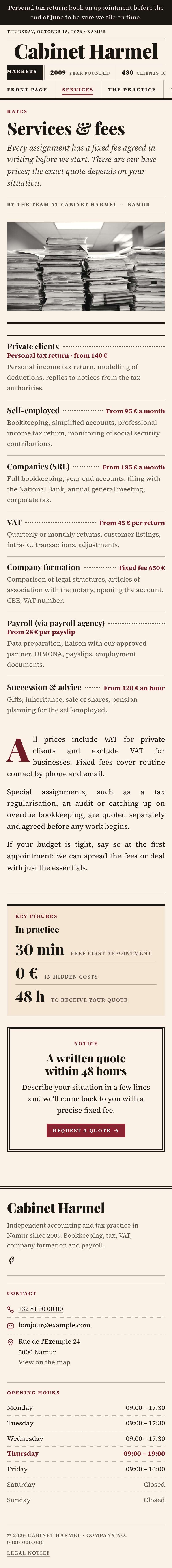 The “Services” page of the Ledger design on a phone, part 1 of 2