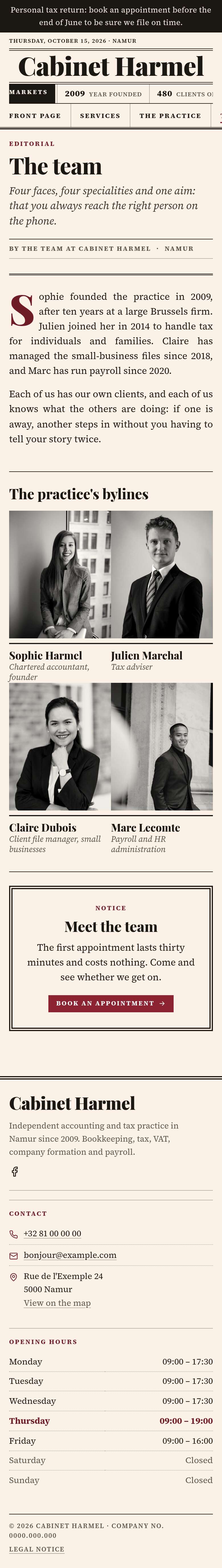 The “The team” page of the Ledger design on a phone, part 1 of 2