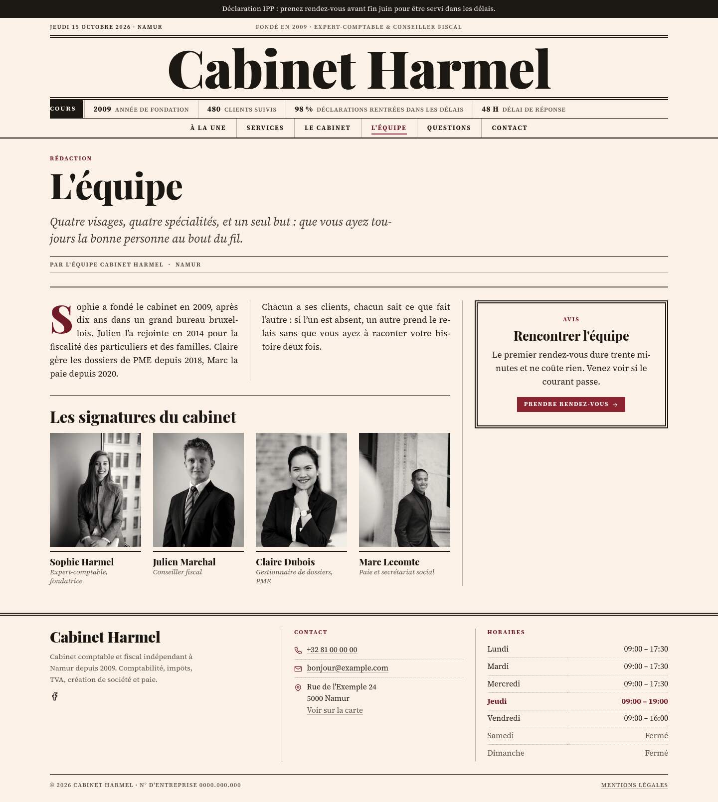 La page « L'équipe » du modèle Ledger sur un ordinateur