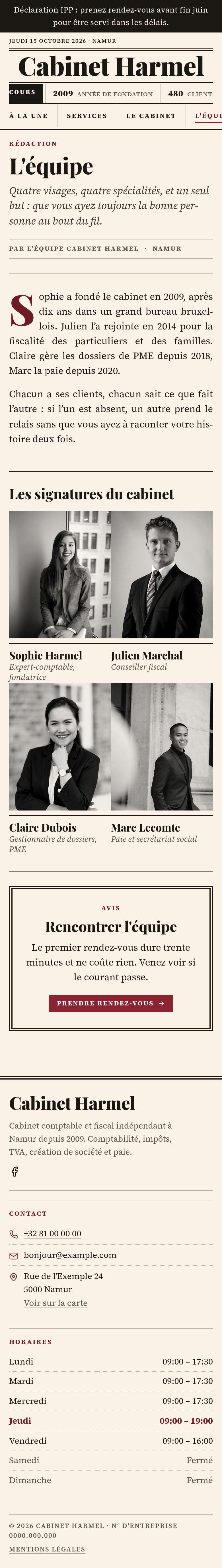La page « L'équipe » du modèle Ledger sur un téléphone, partie 1 sur 2