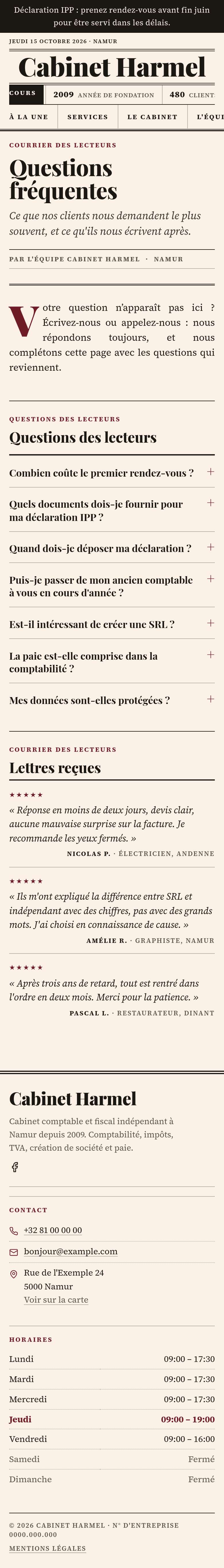 La page « Questions » du modèle Ledger sur un téléphone, partie 1 sur 2