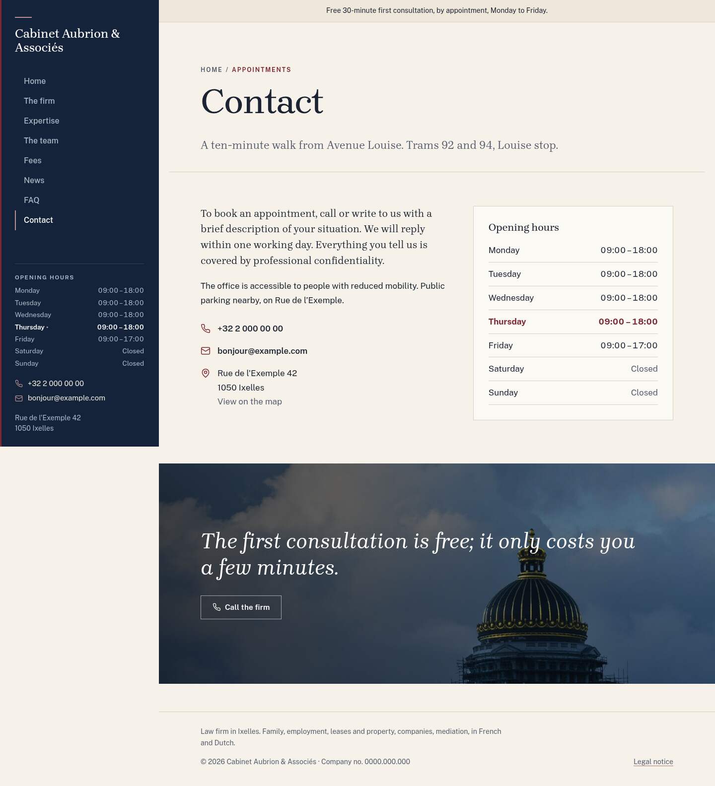 The “Contact” page of the Lex design on a computer