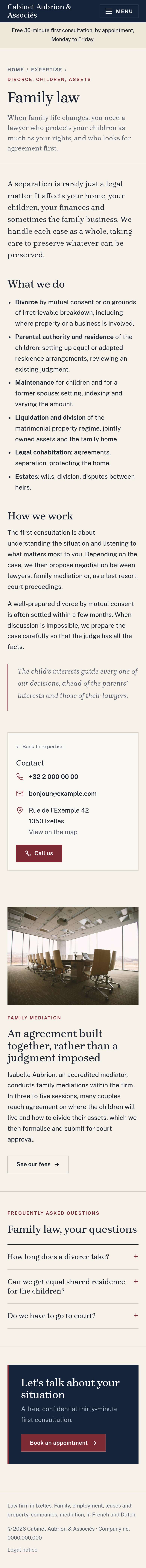 The “Family law” page of the Lex design on a phone, part 1 of 2