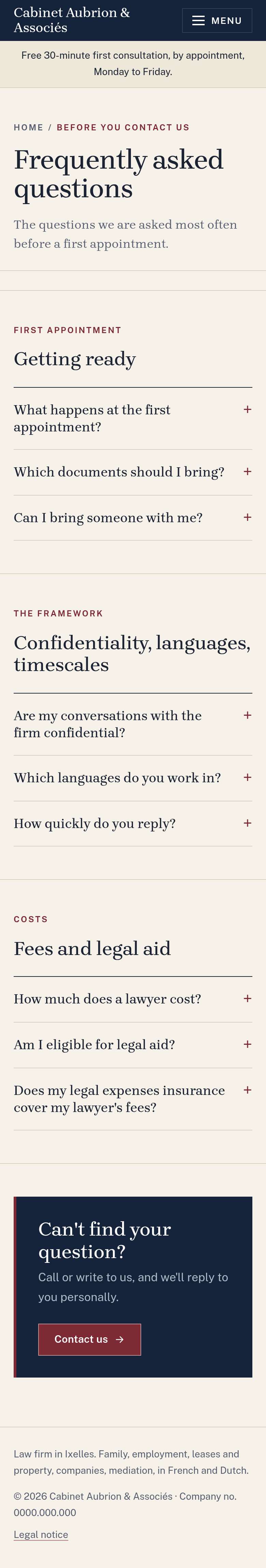 The “FAQ” page of the Lex design on a phone, part 1 of 1