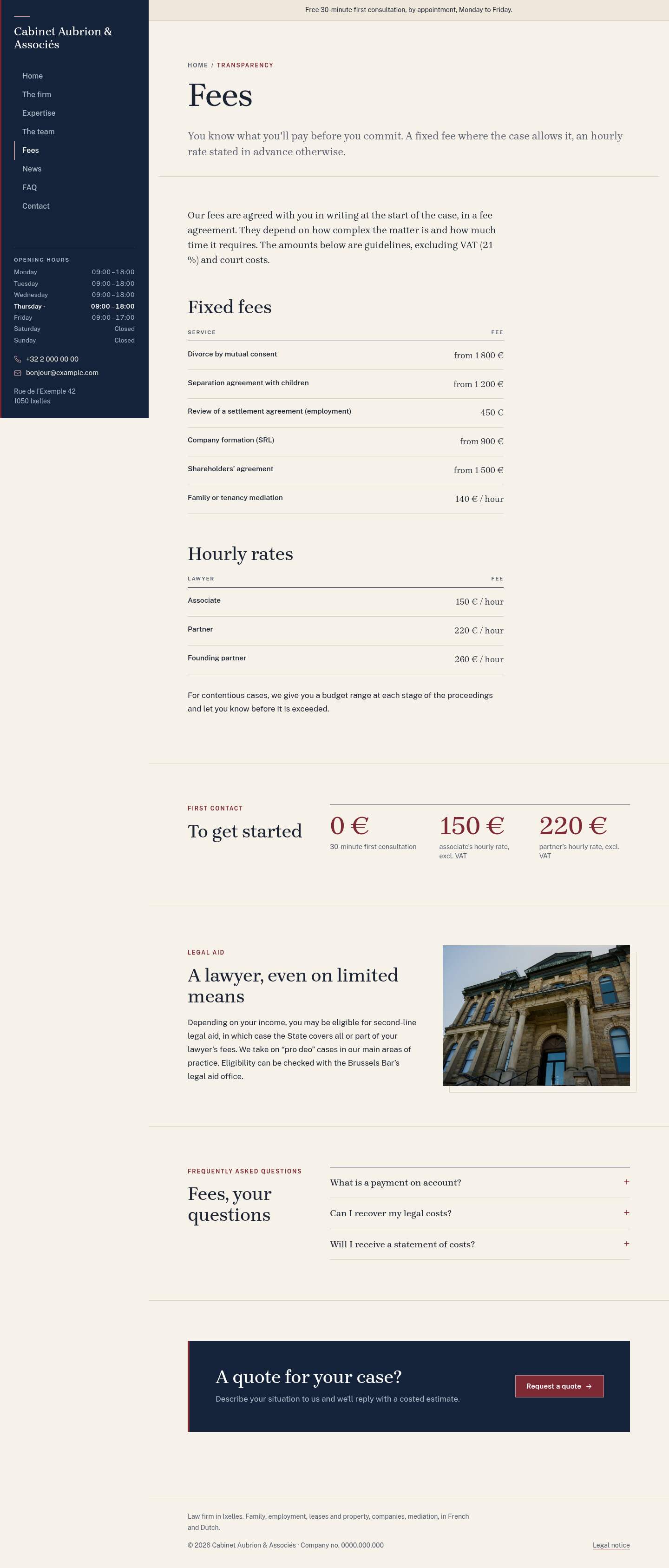 The “Fees” page of the Lex design on a computer