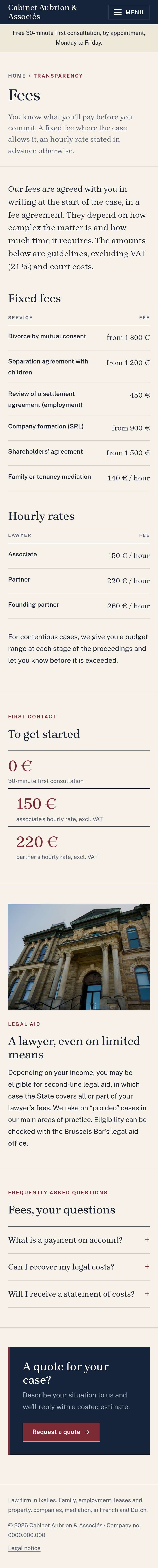 The “Fees” page of the Lex design on a phone, part 1 of 2