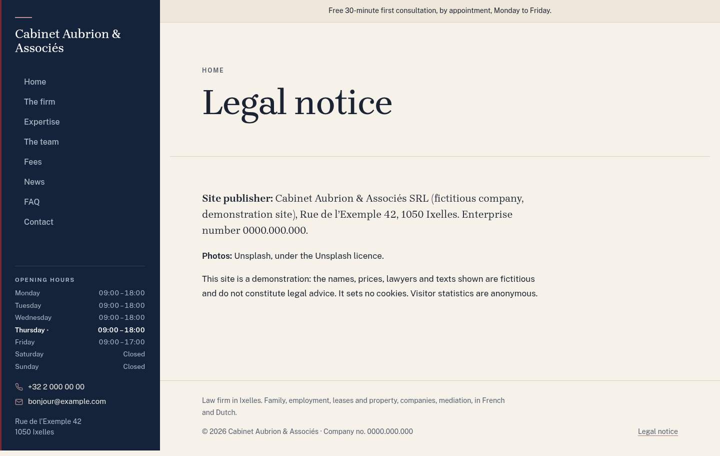The “Legal notice” page of the Lex design on a computer