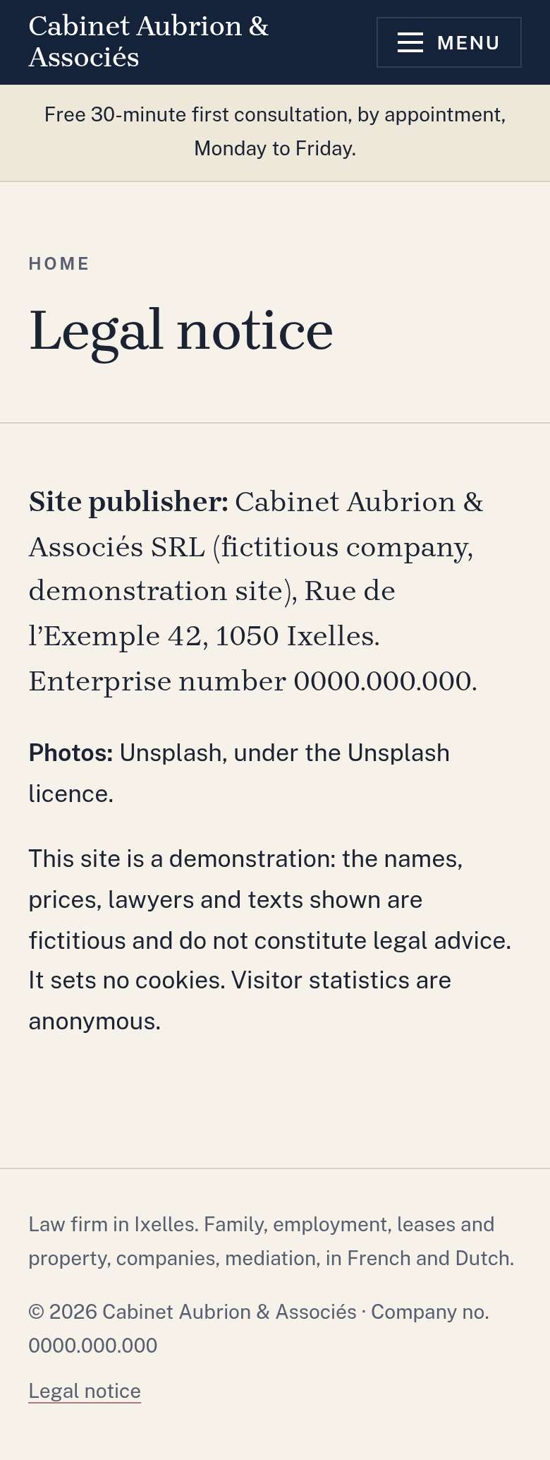 The “Legal notice” page of the Lex design on a phone, part 1 of 1