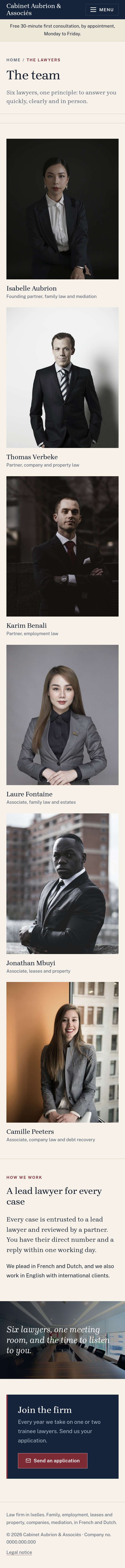 The “The team” page of the Lex design on a phone, part 1 of 2