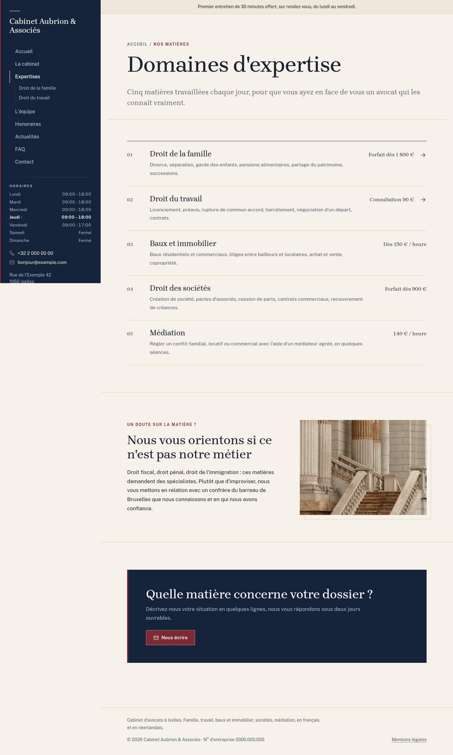 La page « Expertises » du modèle Lex sur un ordinateur