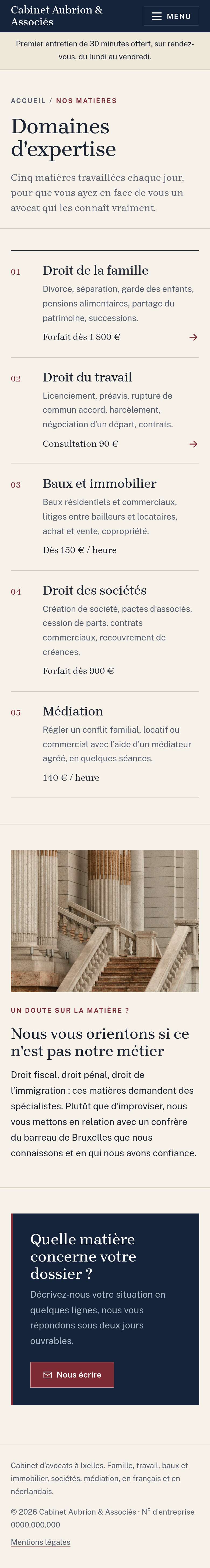 La page « Expertises » du modèle Lex sur un téléphone, partie 1 sur 2