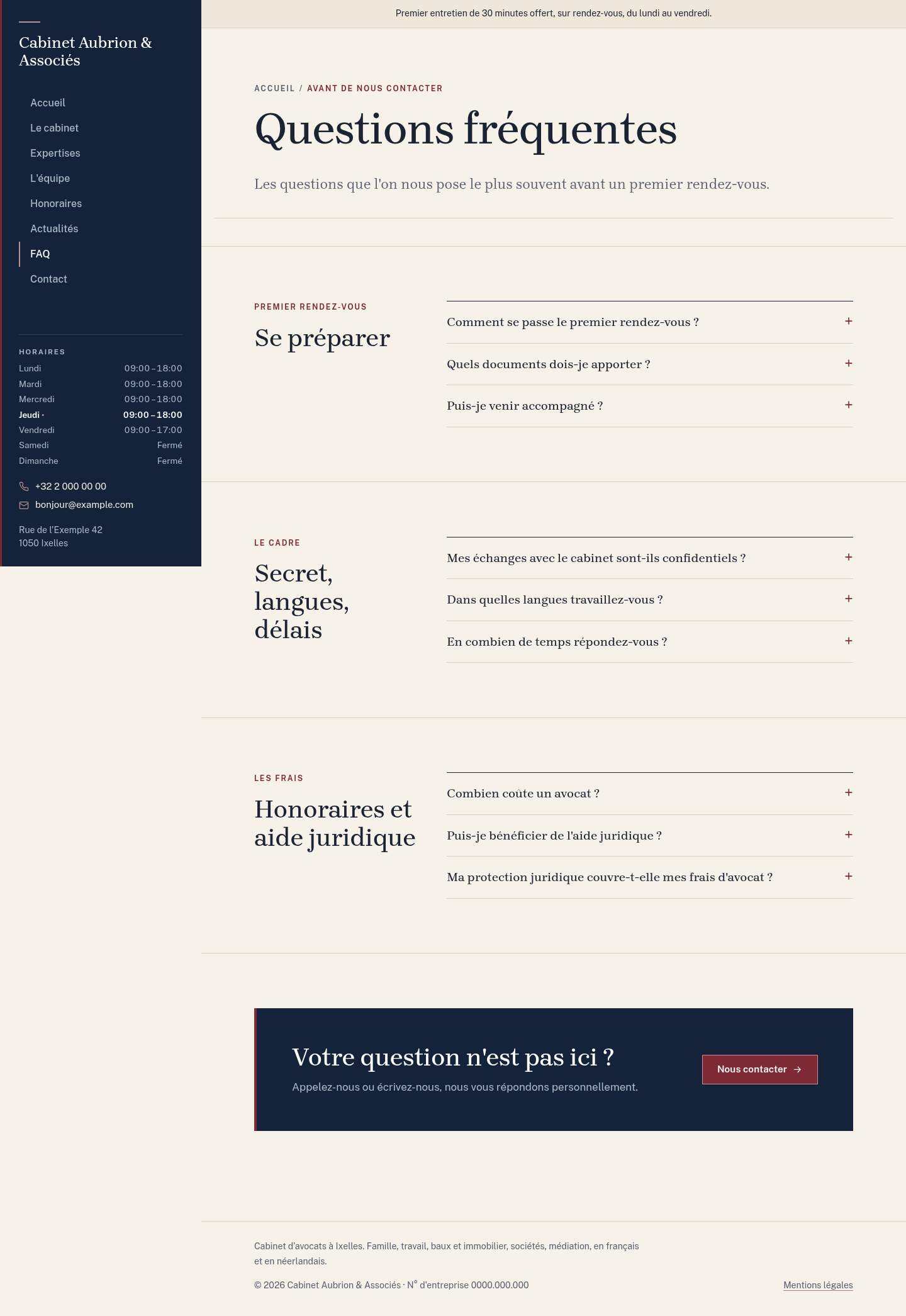 La page « FAQ » du modèle Lex sur un ordinateur