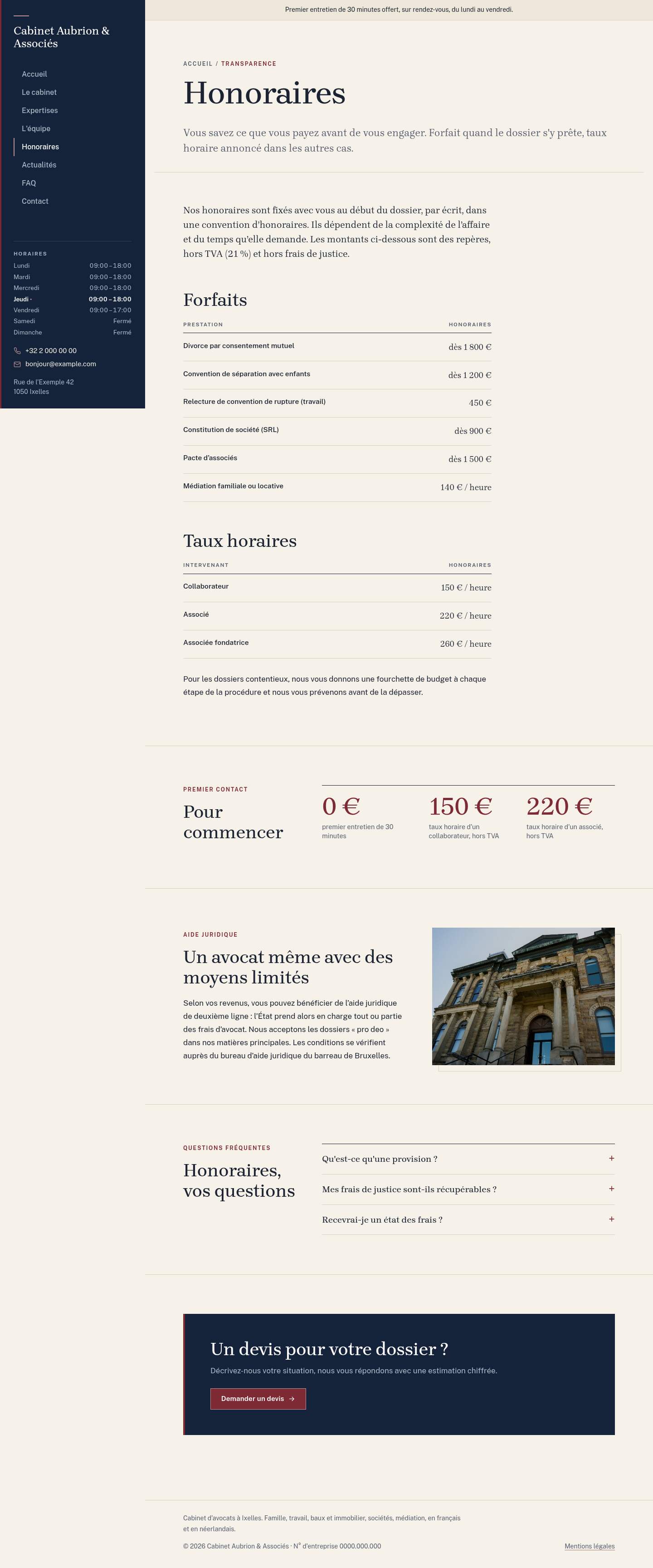 La page « Honoraires » du modèle Lex sur un ordinateur